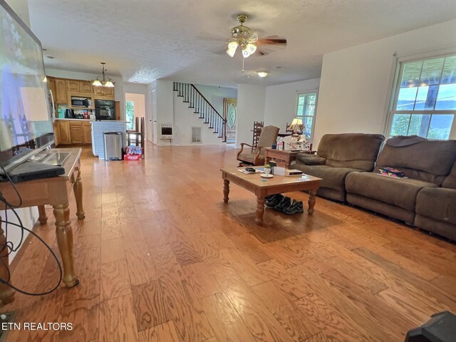 living room featuring a wealth of natural light, a textured ceiling, ceiling fan with notable chandelier, and light hardwood / wood-style floors