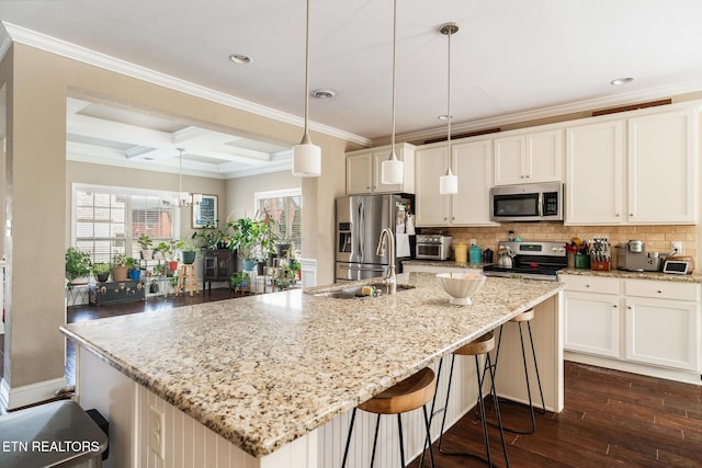 kitchen featuring stainless steel appliances, dark wood-type flooring, backsplash, and coffered ceiling
