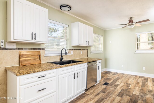 kitchen with ceiling fan, sink, white cabinetry, and stainless steel dishwasher