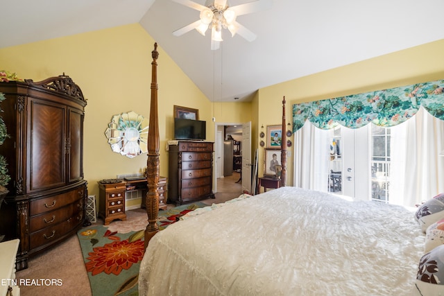 carpeted bedroom featuring lofted ceiling, ceiling fan, and access to exterior