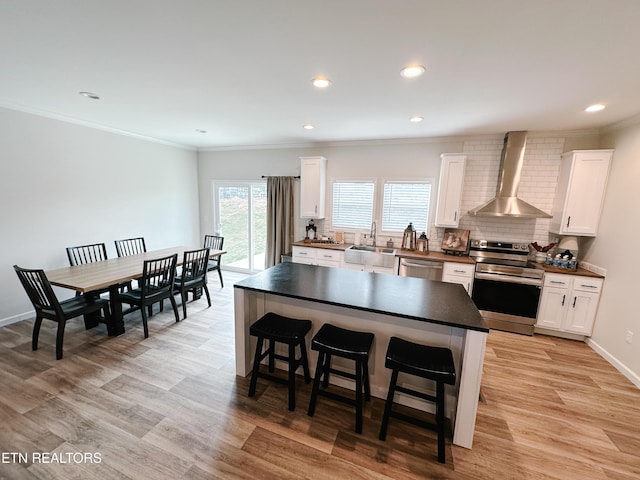 kitchen with stainless steel appliances, a center island, tasteful backsplash, white cabinets, and wall chimney exhaust hood