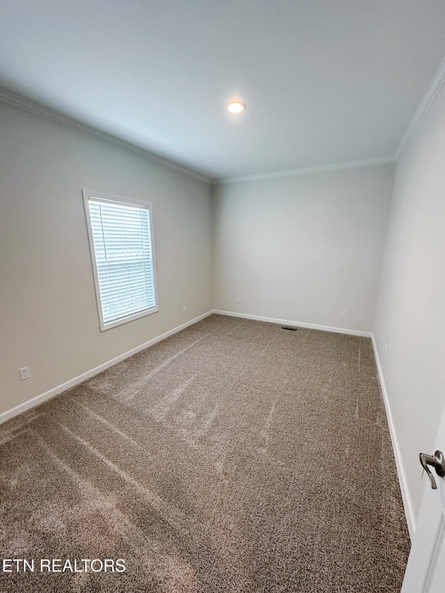 spare room featuring crown molding and carpet floors