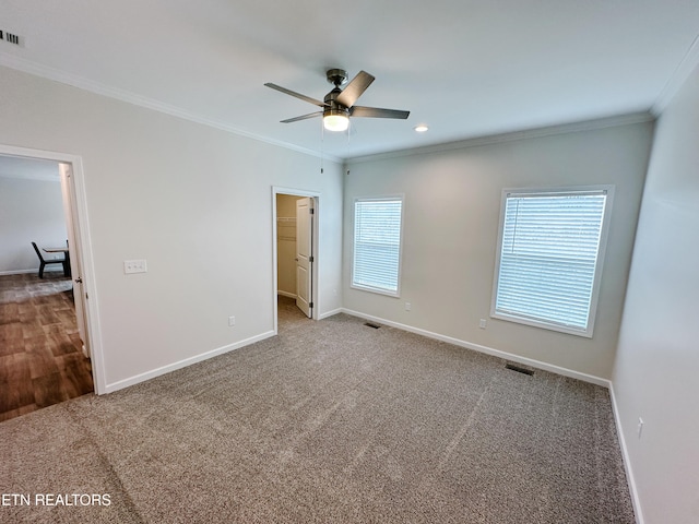 unfurnished bedroom with a walk in closet, ornamental molding, ceiling fan, and carpet flooring