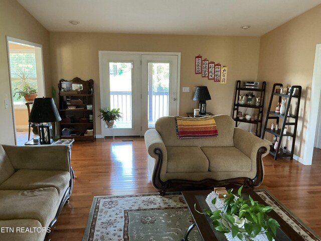 living room featuring a healthy amount of sunlight, vaulted ceiling, and hardwood / wood-style floors