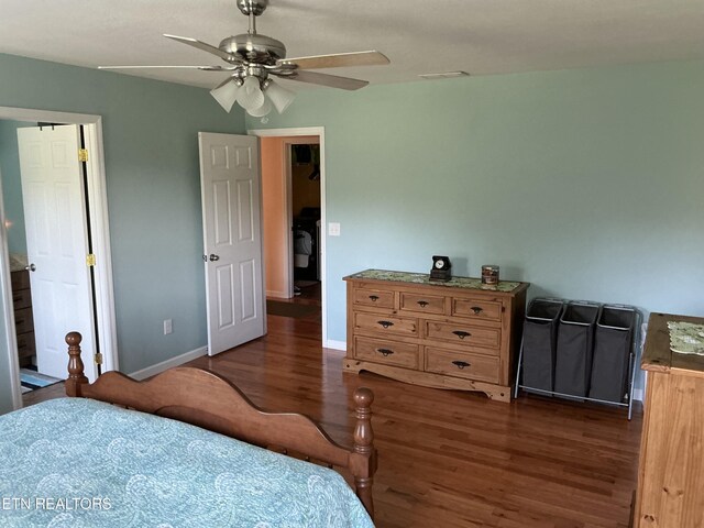 bedroom featuring ceiling fan and dark hardwood / wood-style floors