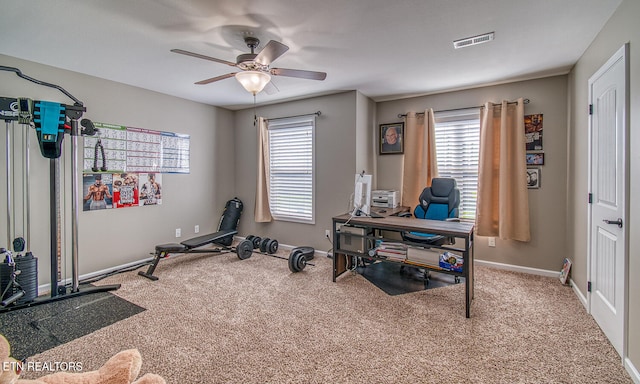 workout area featuring ceiling fan and carpet floors