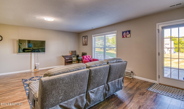 living room with a textured ceiling, dark hardwood / wood-style floors, and plenty of natural light