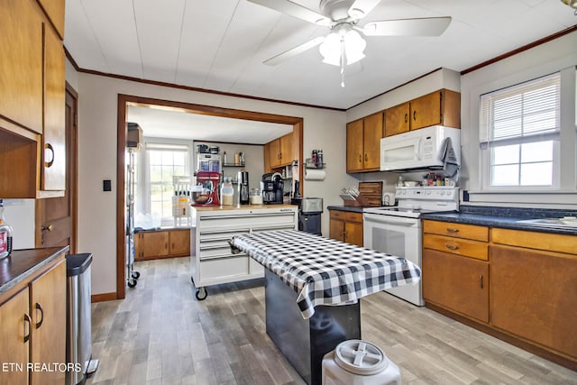 kitchen with ceiling fan, light hardwood / wood-style flooring, ornamental molding, and white appliances