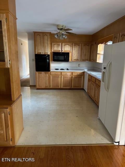 kitchen featuring black appliances, ceiling fan, light hardwood / wood-style floors, and sink