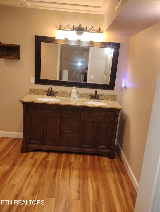 bathroom with hardwood / wood-style floors and vanity