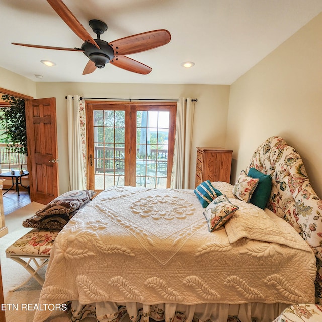 bedroom featuring ceiling fan, access to exterior, and french doors