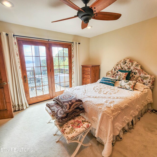 bedroom with ceiling fan, carpet floors, french doors, and access to exterior