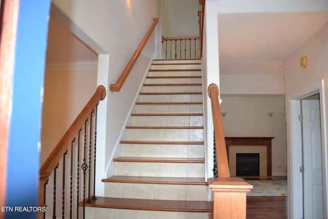 staircase featuring a tiled fireplace and hardwood / wood-style floors