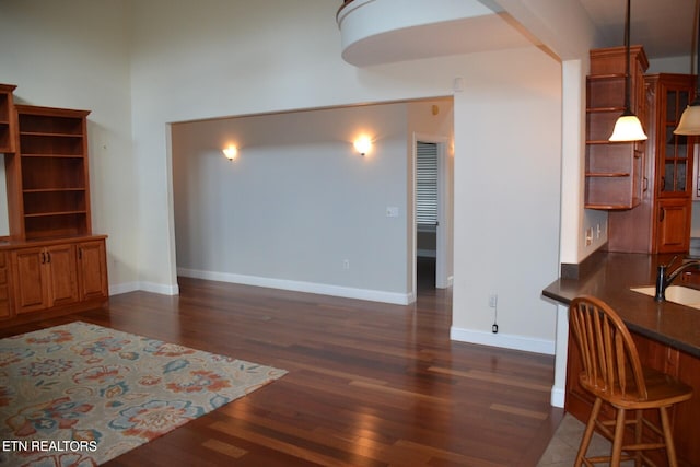 living room with dark hardwood / wood-style flooring and sink