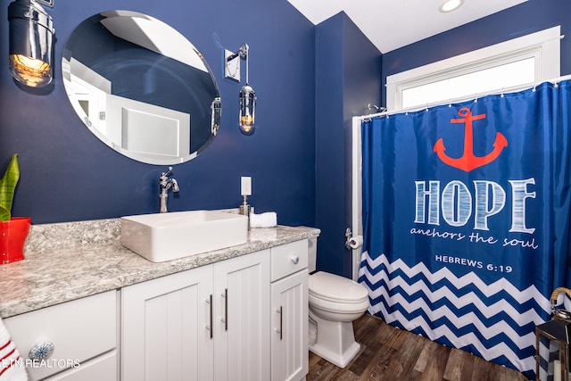 bathroom with wood-type flooring, toilet, vanity, and a shower with curtain