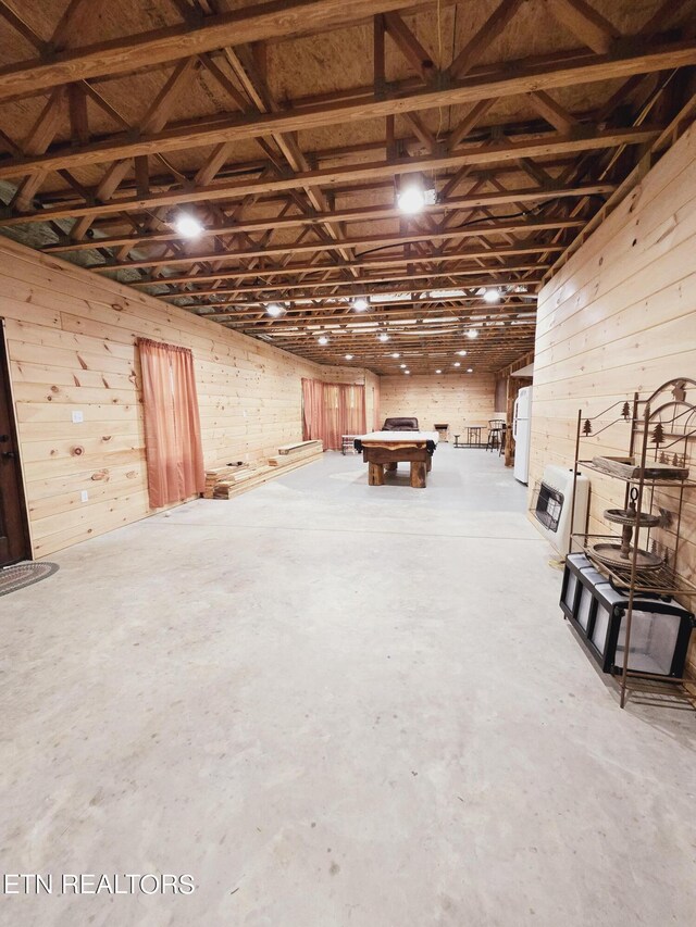 basement with billiards and wood walls