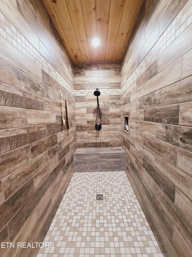 bathroom featuring wooden ceiling, a sauna, and tiled shower