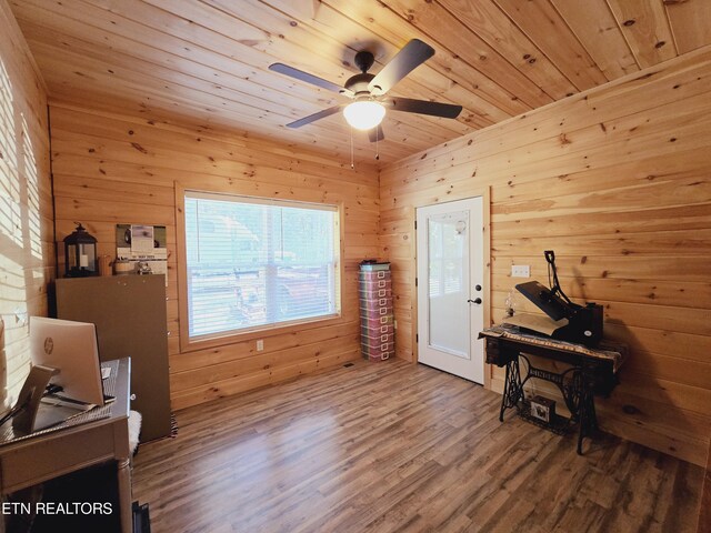 living area featuring wooden ceiling, wooden walls, ceiling fan, and hardwood / wood-style flooring