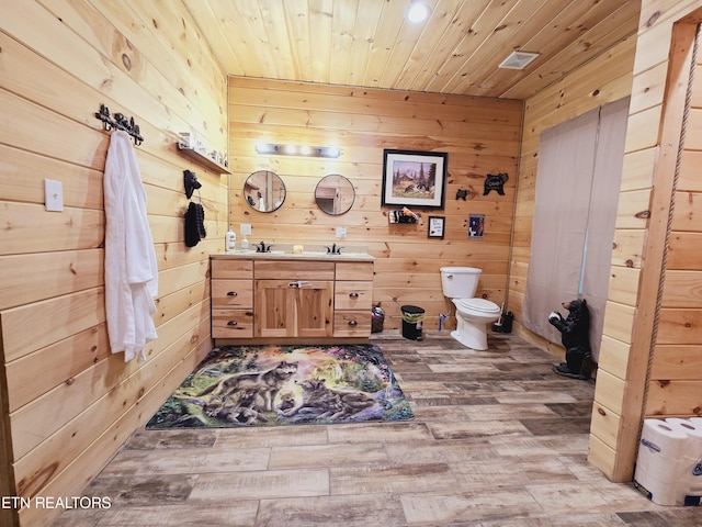 bathroom featuring vanity, toilet, wood ceiling, wooden walls, and wood finished floors