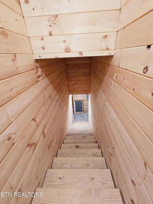 stairway featuring wood walls