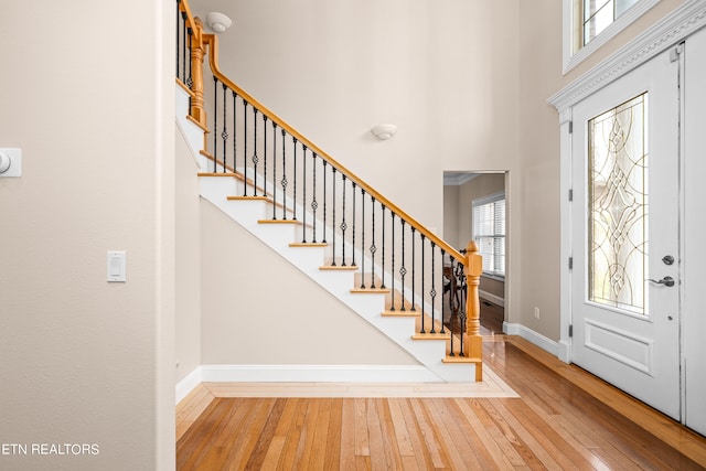 entrance foyer featuring wood-type flooring and a high ceiling