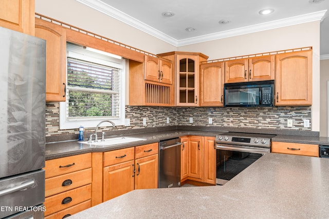 kitchen featuring appliances with stainless steel finishes, crown molding, tasteful backsplash, and sink