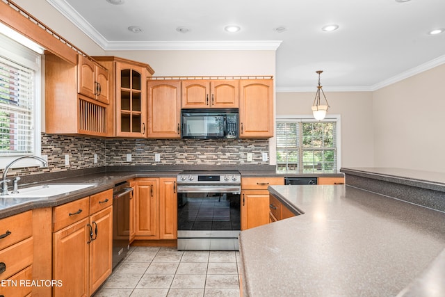 kitchen with a wealth of natural light, crown molding, sink, and black appliances