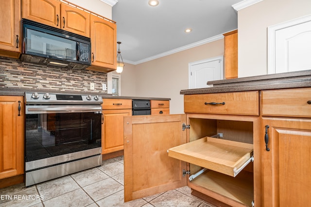 kitchen featuring stainless steel stove, crown molding, backsplash, decorative light fixtures, and light tile patterned floors