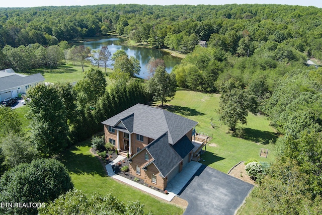 drone / aerial view with a water view