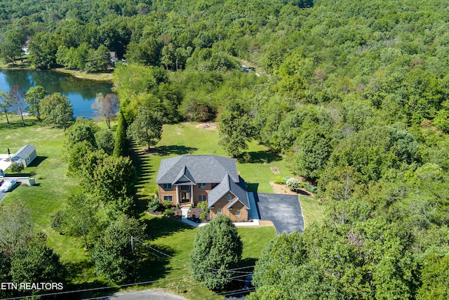 drone / aerial view featuring a water view