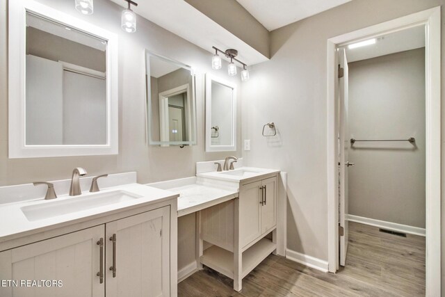 bathroom featuring vanity and hardwood / wood-style flooring