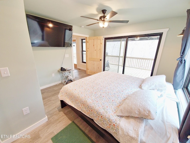 bedroom featuring ceiling fan, light hardwood / wood-style flooring, and access to outside