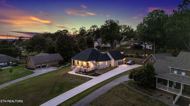 view of aerial view at dusk