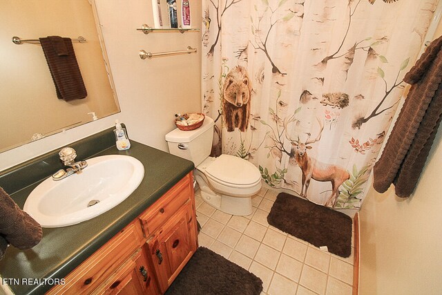 bathroom featuring tile patterned floors, walk in shower, vanity, and toilet