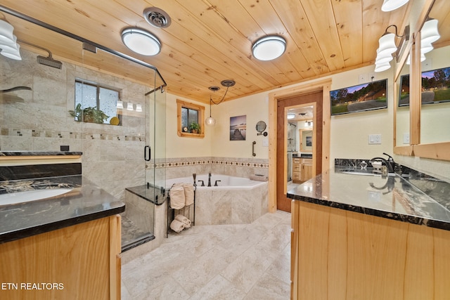 bathroom with tile patterned floors, vanity, wood ceiling, and independent shower and bath