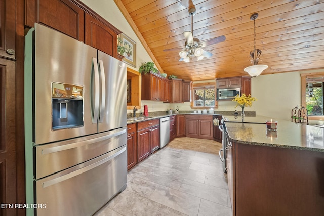 kitchen featuring wooden ceiling, sink, vaulted ceiling, appliances with stainless steel finishes, and decorative light fixtures