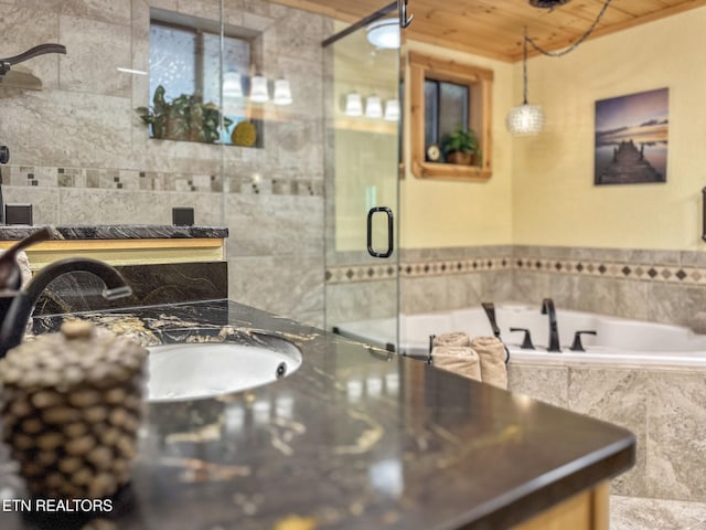 bathroom with separate shower and tub, wooden ceiling, sink, and tile walls