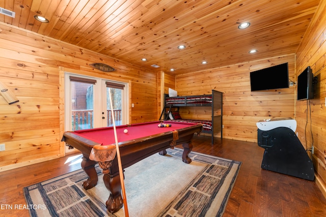 889 Great Smoky Way, Gatlinburg, TN 37738 - recreation room with wood walls, french doors, wood ceiling, and dark hardwood / wood-style flooring