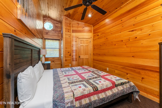 889 Great Smoky Way, Gatlinburg, TN 37738 - bedroom featuring wooden walls, vaulted ceiling, wooden ceiling, and ceiling fan