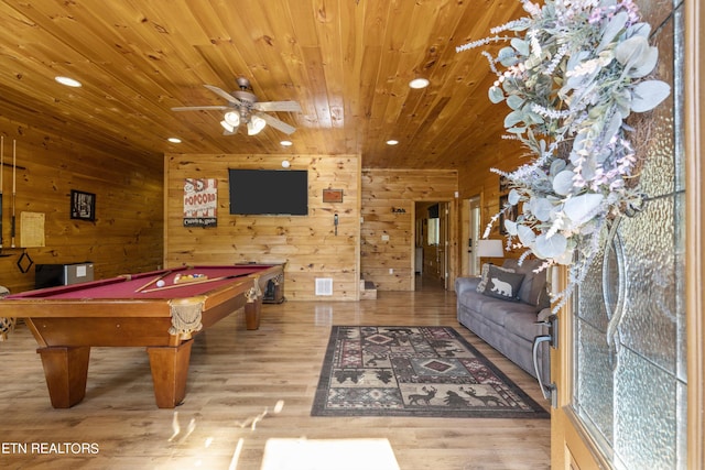 rec room featuring wood ceiling, billiards, wood walls, light wood-type flooring, and ceiling fan