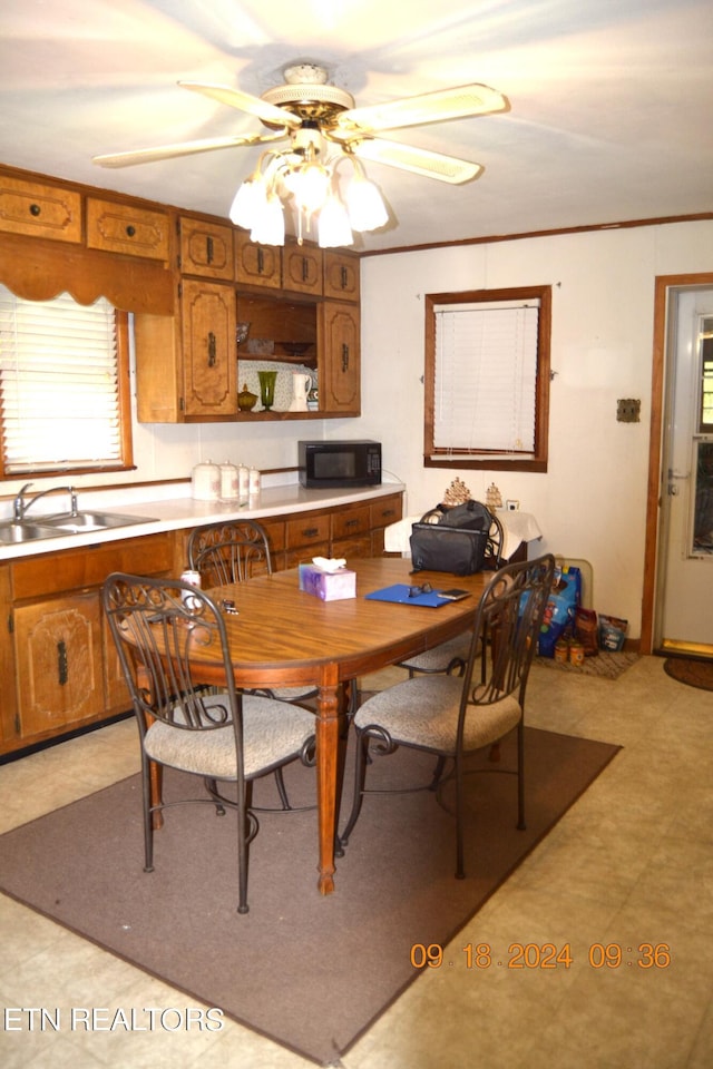 dining room with ceiling fan, sink, crown molding, and plenty of natural light