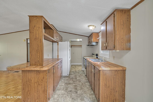 kitchen featuring lofted ceiling, a textured ceiling, electric range, and white fridge