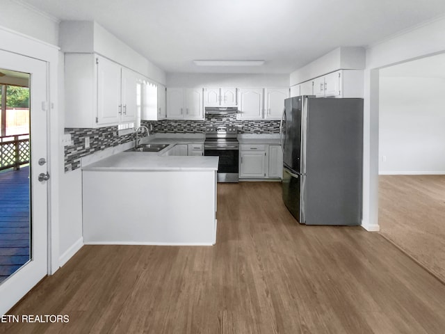 kitchen with dark wood-type flooring, sink, white cabinetry, backsplash, and appliances with stainless steel finishes