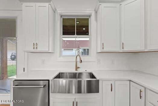 kitchen with white cabinetry, stainless steel dishwasher, and sink