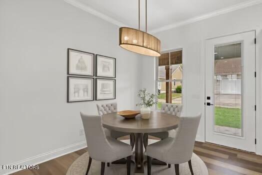 dining space featuring dark hardwood / wood-style floors and ornamental molding