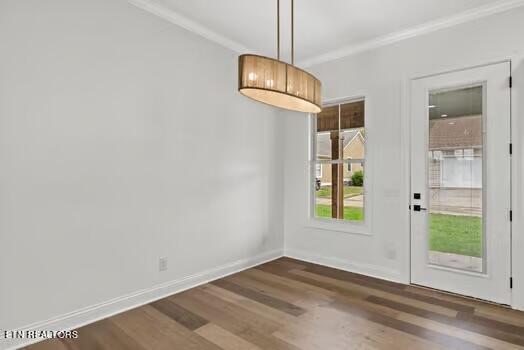 interior space with crown molding and dark wood-type flooring