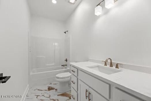 full bathroom with vanity, shower / bathtub combination, and toilet