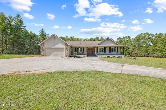 ranch-style house with a front yard, a garage, and a porch