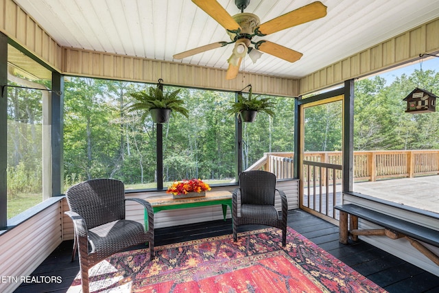 sunroom with ceiling fan and wood ceiling