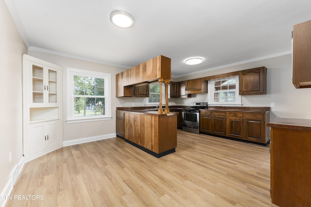 kitchen with built in features, stainless steel range with electric cooktop, light hardwood / wood-style floors, and ornamental molding